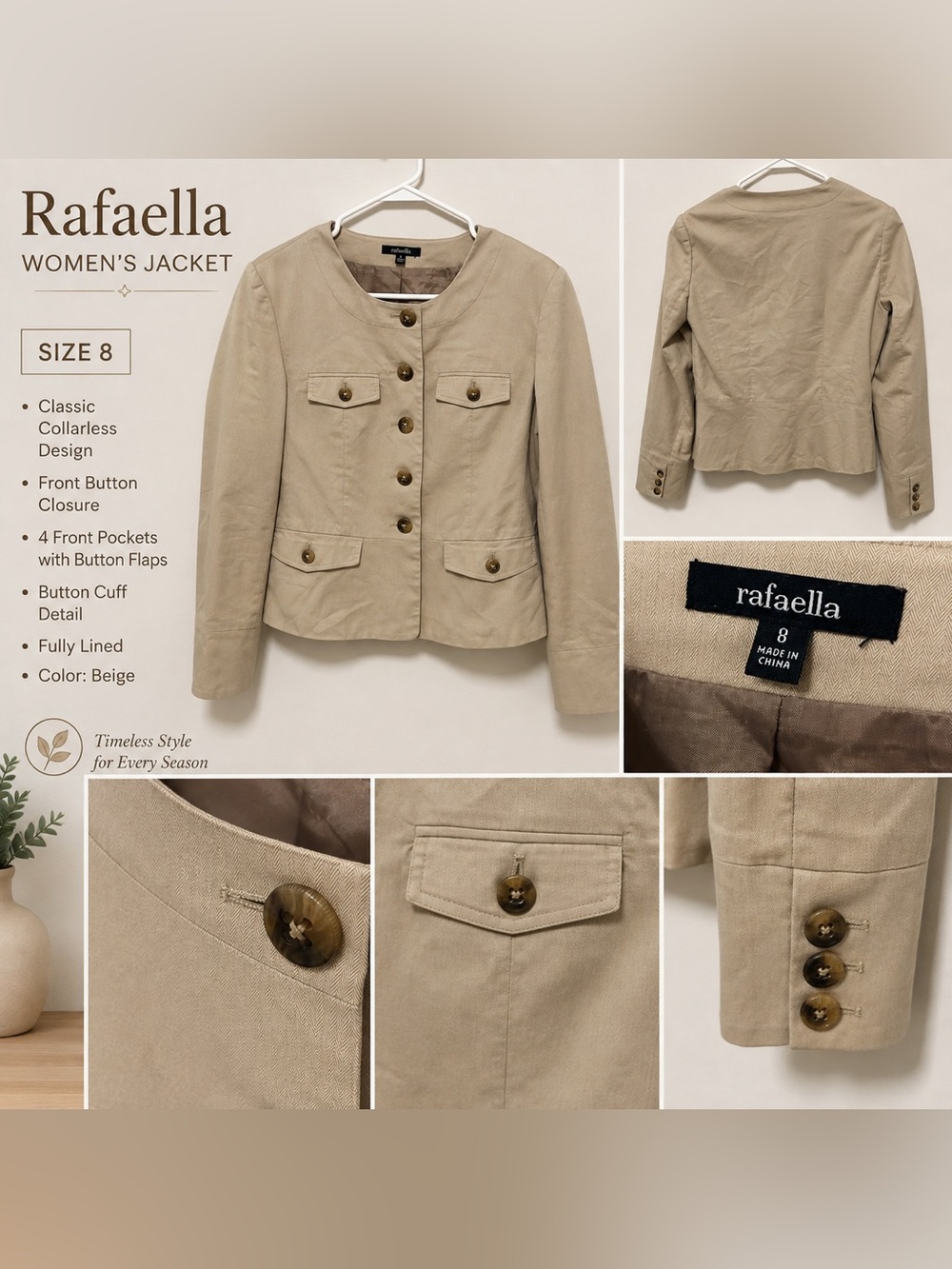 Rafaella Beige Tailored Button-Front Jacket. Women’s size 8